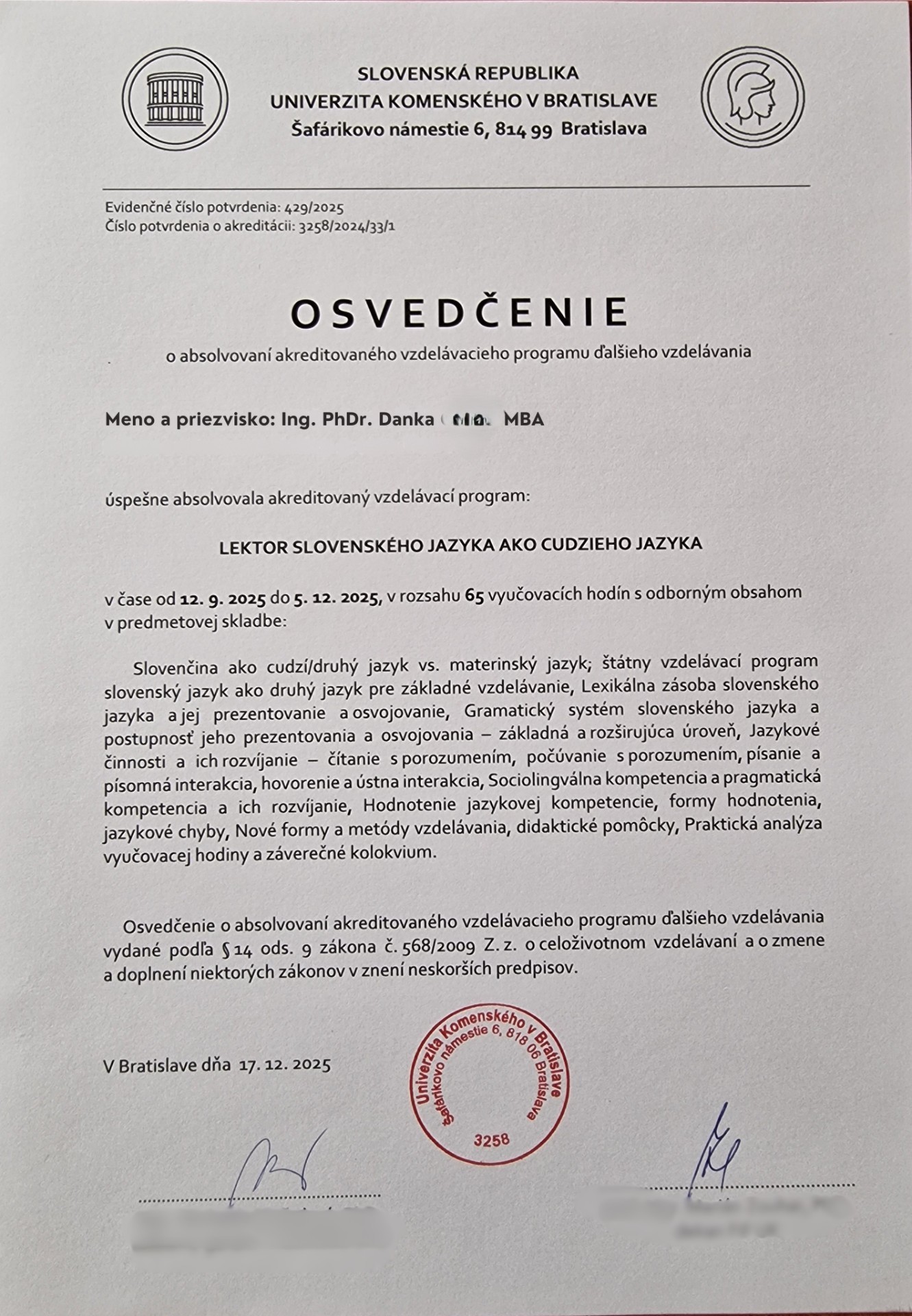Osvedčenie Univerzity Komenského v Bratislave
