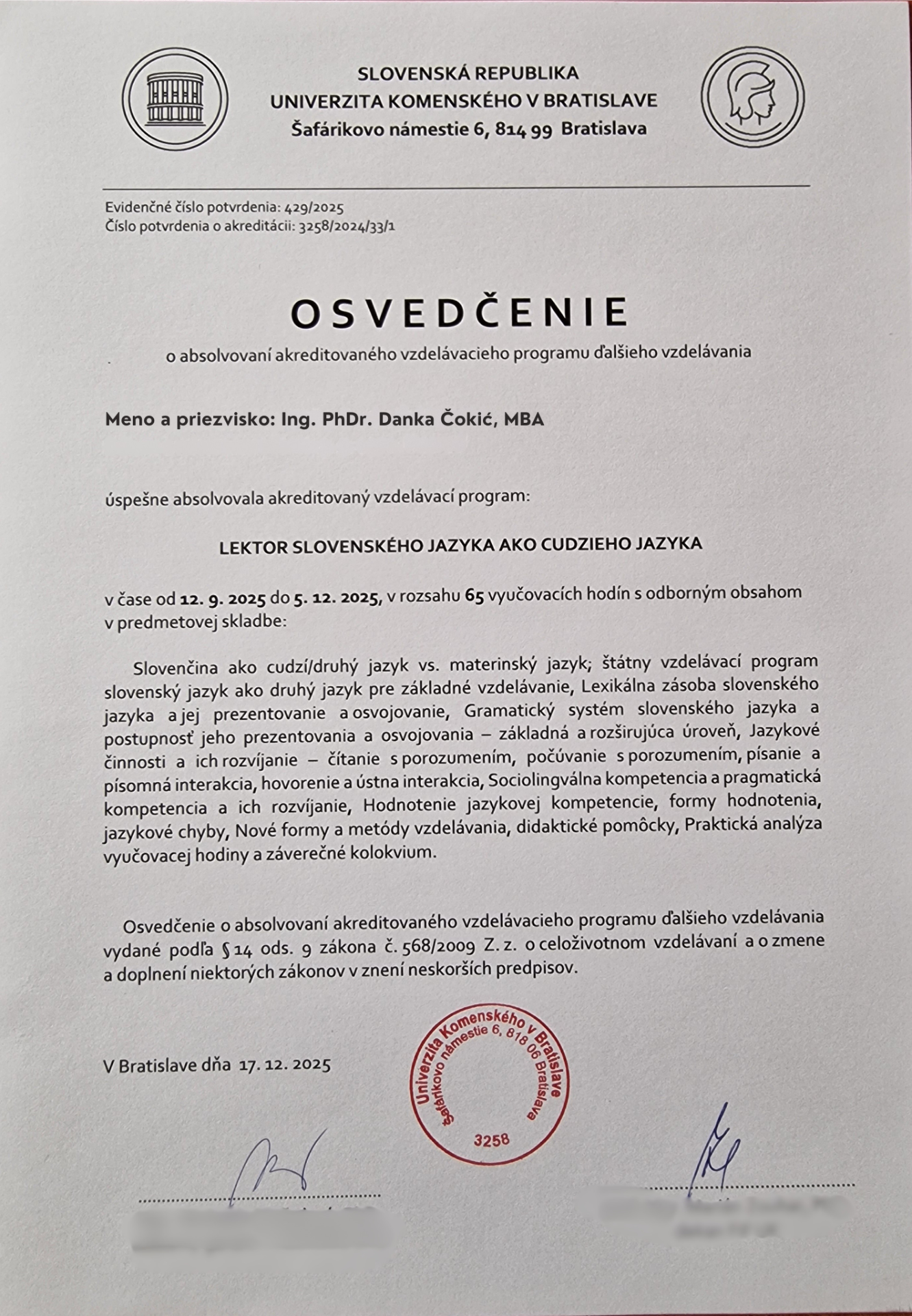 Osvedčenie Univerzity Komenského v Bratislave